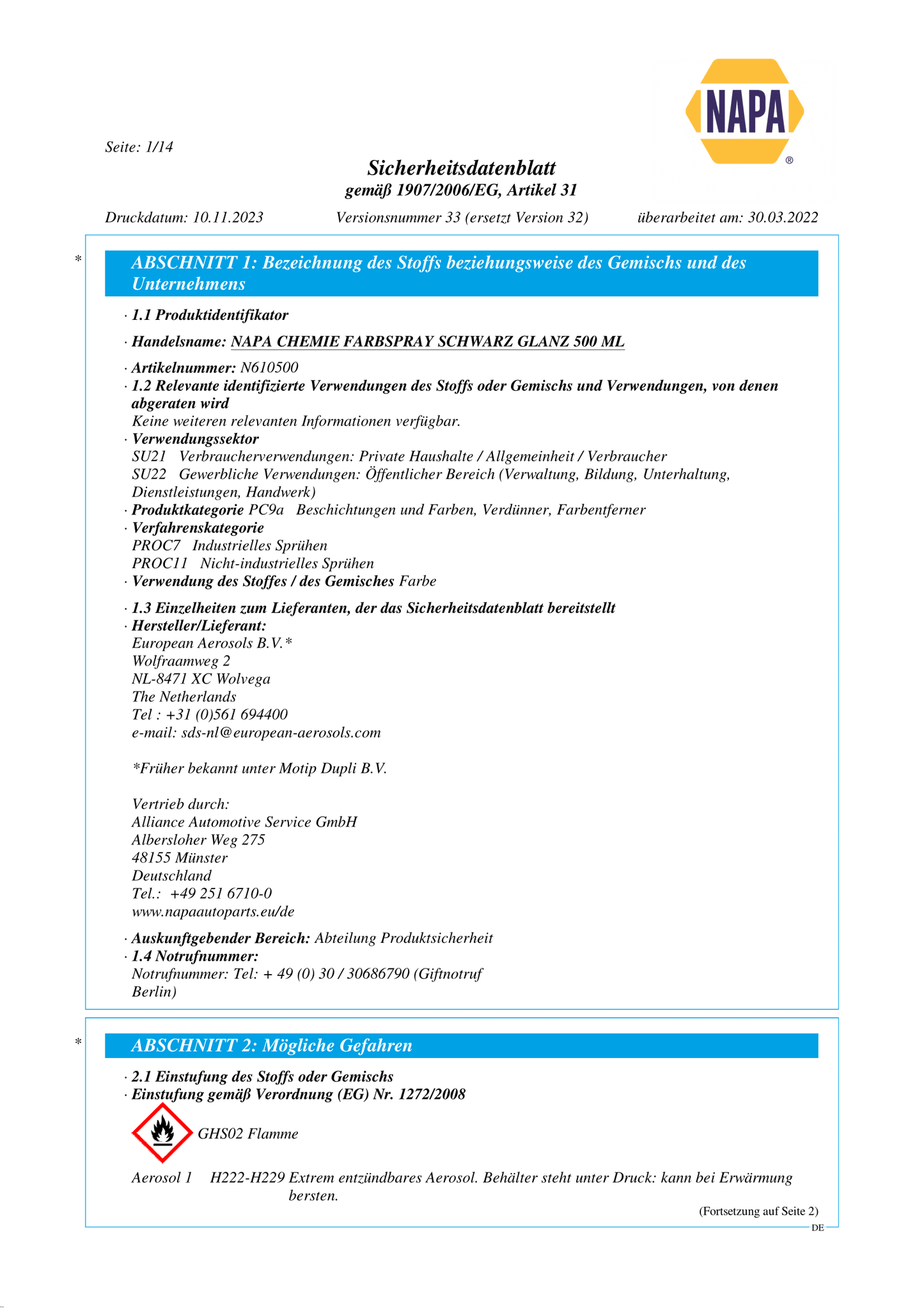 Farbspray Schwarz Glanz 500ML